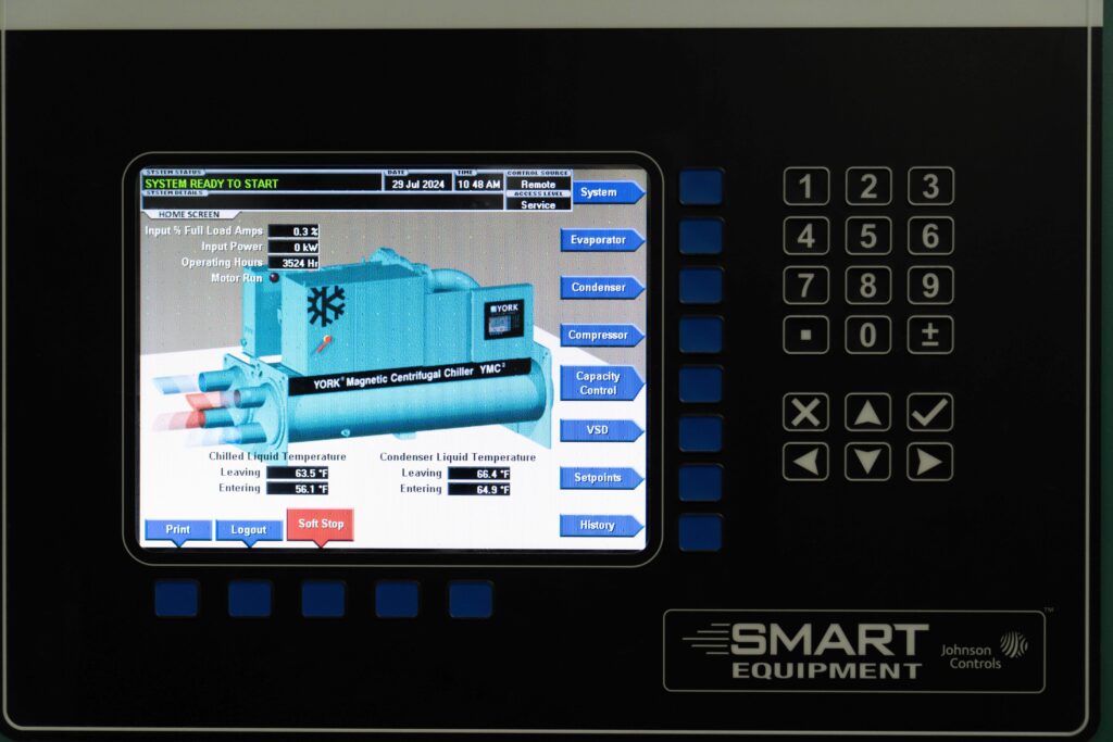 Pump system control panel with digital display, keypad and Smart Equipment label